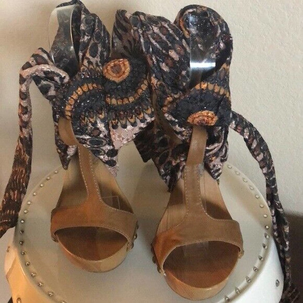 Mtng spectacular wood sandals‎ cloth tie heels 36